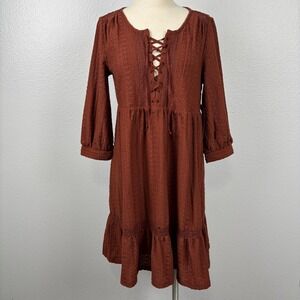 Frye and Co Lace-Up Eyelet Dress Smoked Paprika Brown XS Boho Tiered Peasant